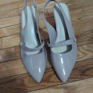 Pointed Slingback Mary Jane Mules in Light Taupe Patent